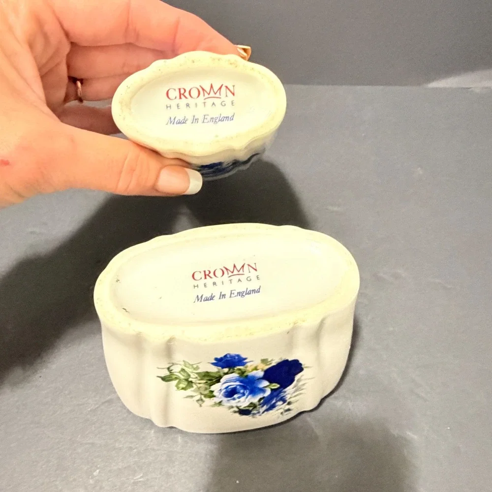 Crown Heritage Blue Rose Ceramic Soap Dispenser & Toothbrush Holder Set England